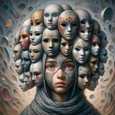 The primary subject of the image is a woman with a head full of faces. She is wearing a headpiece that features multiple faces, creating a unique and intriguing visual effect. The setting appears to be a creative and artistic environment, possibly a studio or a performance space. The visual style of the image is a combination of digital art and illustration, showcasing the artist's skill in creating a captivating and imaginative scene. The colors and mood of the image are predominantly dark and moody, with the faces and the woman's headpiece serving as the focal points of the composition.
